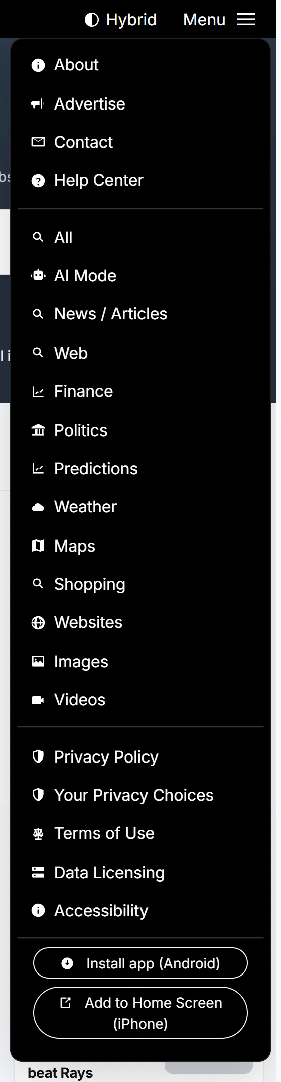 The Menu opened on the 4Search home page, listing About, Advertise, Contact, Help Center, every tab and the privacy and legal pages